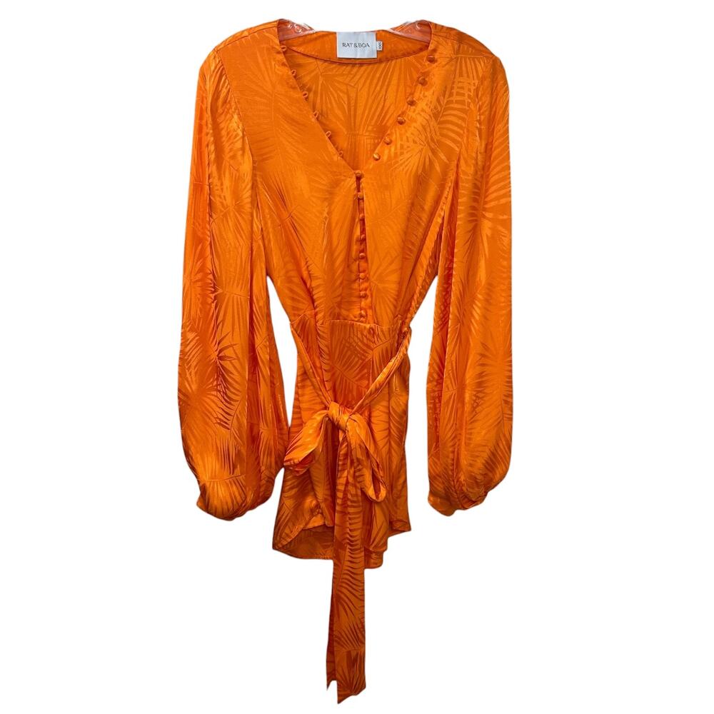 Rat & Boa, 'Harlequin' Mini Dress, Long Sleeve, Palm Jacquard, Orange XX-Small - Picture 2 of 11